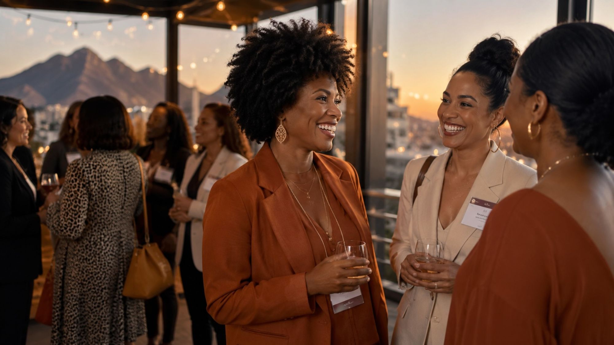 Women of color laughing and networking at an Ebony Network event on a Phoenix rooftop at sunset, with mountain views and string lights.