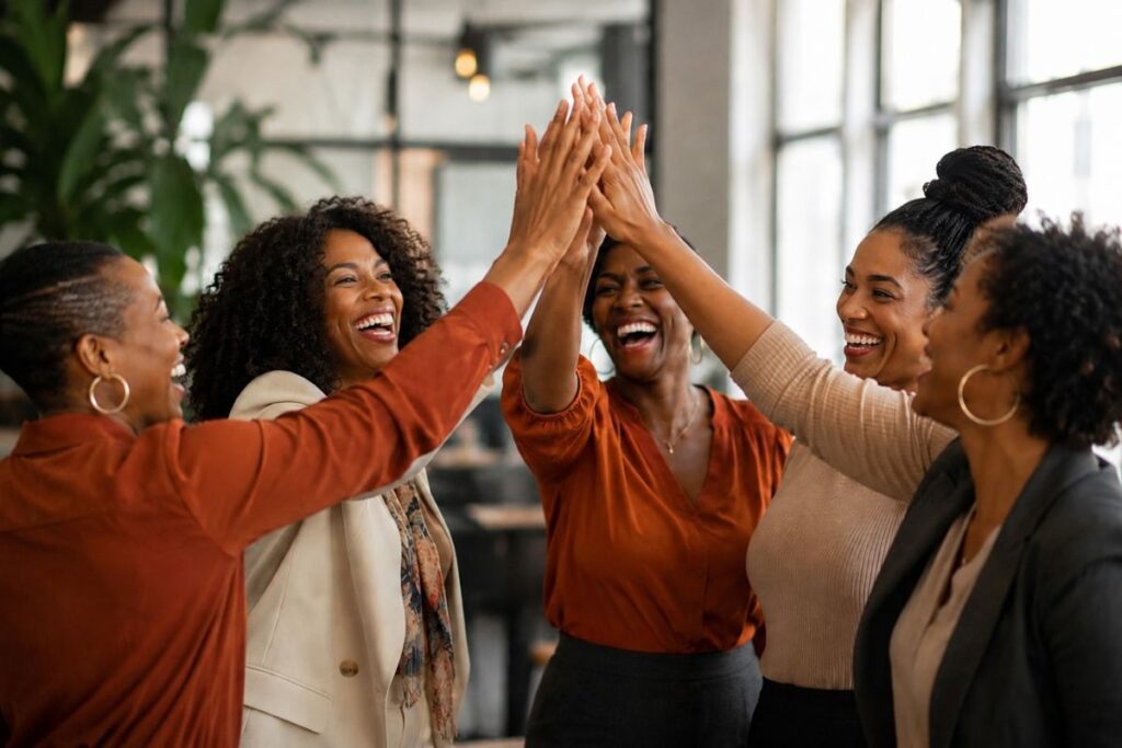 Five women of color laughing and high-fiving at an Ebony Network networking event in Phoenix, AZ.