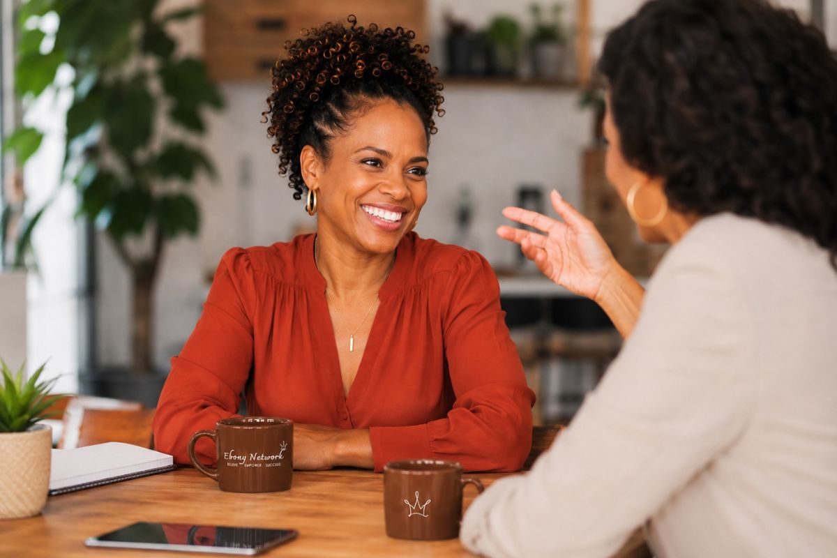 Two women of color connecting over coffee at an Ebony Network meetup in Phoenix.